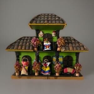 Handcrafted Colombian Folk Art Wooden Casita House 3D Wall Art 9x9x2 Key Holder